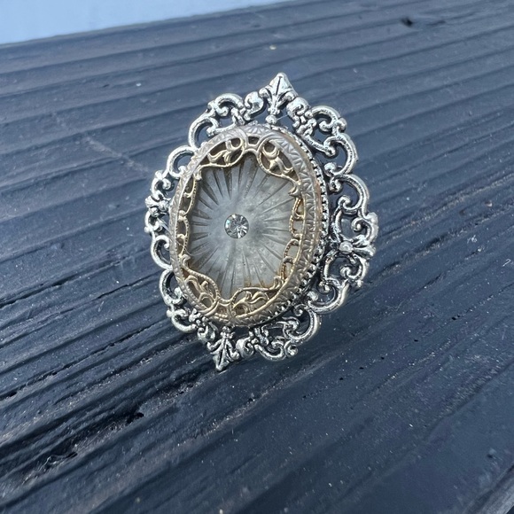 Art Deco Adjustable Camphor Glass Style Victorian Filigree Revival Ring - Picture 1 of 4